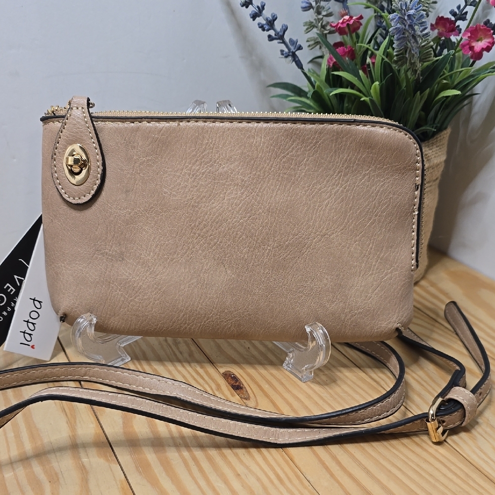 Poppi Vegan Leather Tan Crossbody Cellphone Wallet Purse NWT